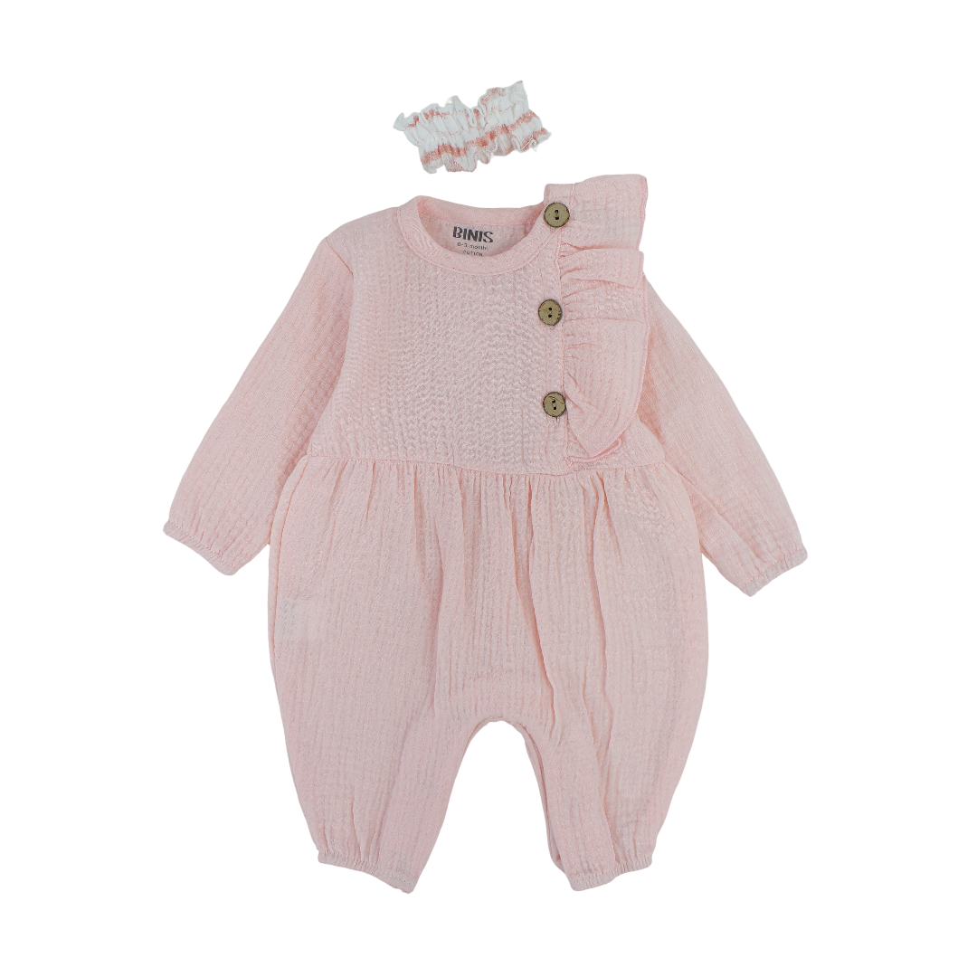 Baby Girls Linen Footless Onesie – with Ruffle and Hair Tie - Clothing - Berceau