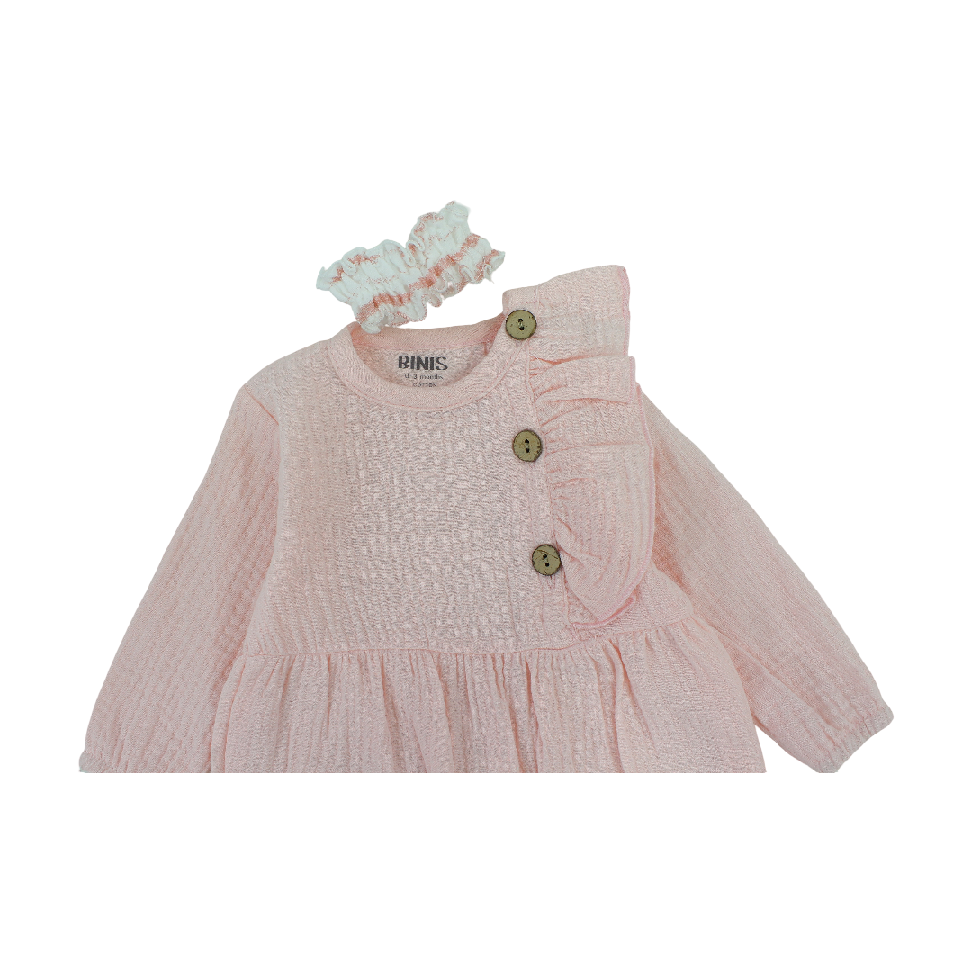 Baby Girls Linen Footless Onesie – with Ruffle and Hair Tie