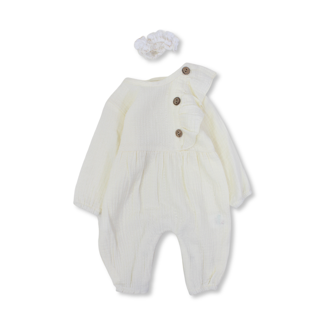 Baby Girls Linen Footless Onesie – with Ruffle and Hair Tie