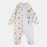 Baby Boys' Long-Sleeved Footless Onesie – Off-White with Printed Animals