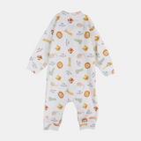 Baby Boys' Long-Sleeved Footless Onesie – Off-White with Printed Animals