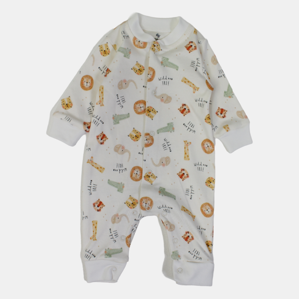 Baby Boys' Cotton Onesie – Off-White with Animal Print