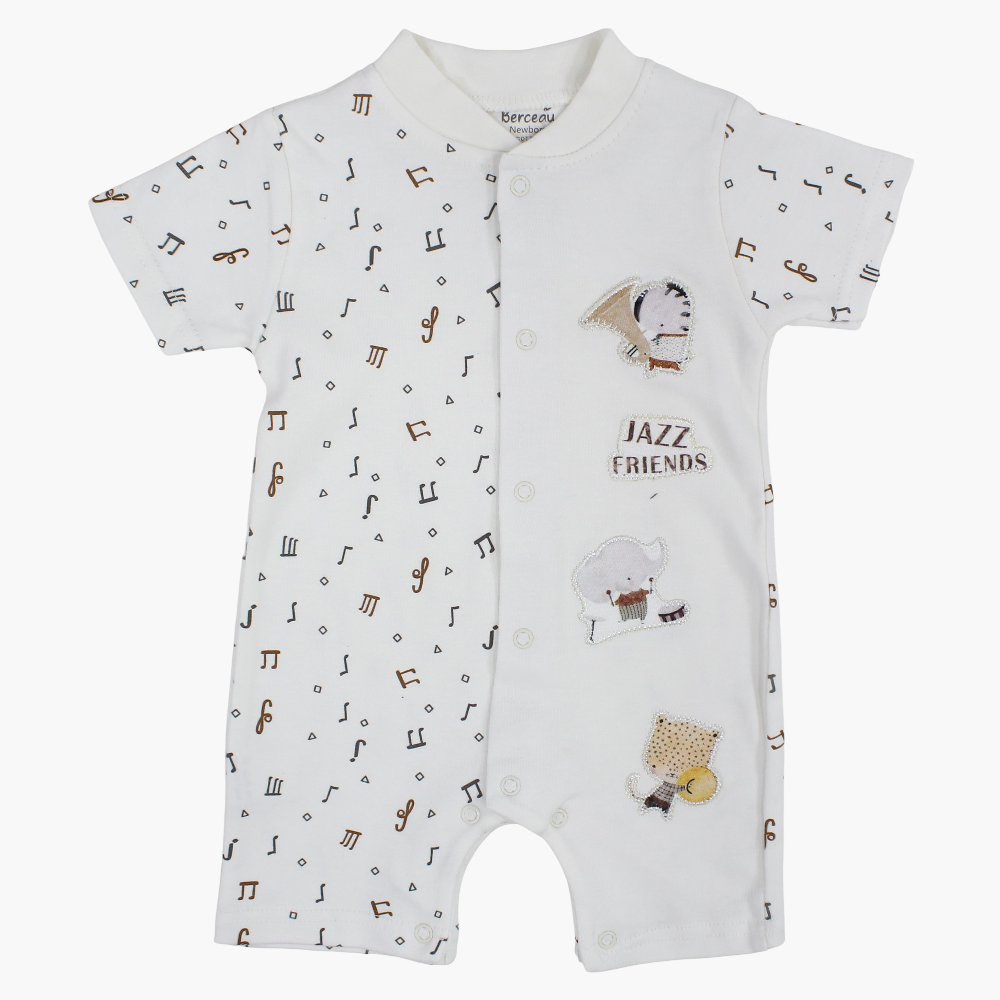 Baby Boys Cotton Romper – Off-White with Jazz Print