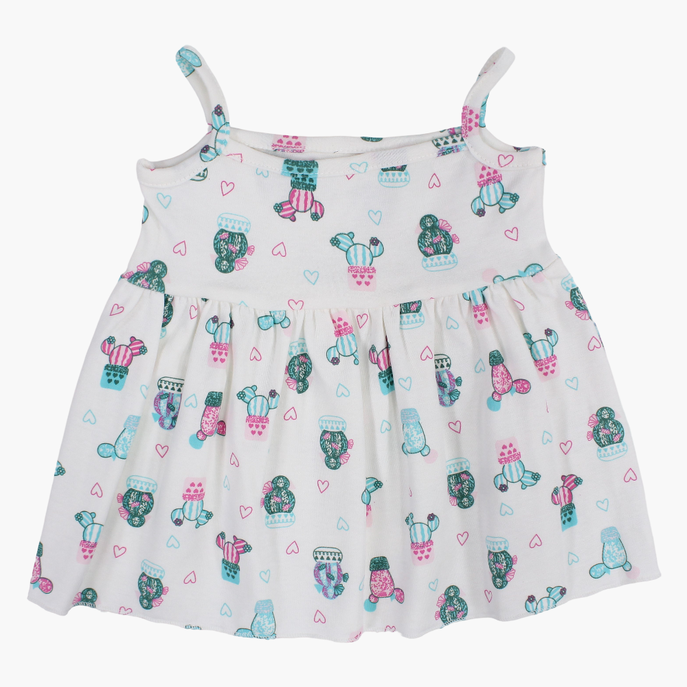 Baby Girls Cotton Dress – Off-White with Cactus Print