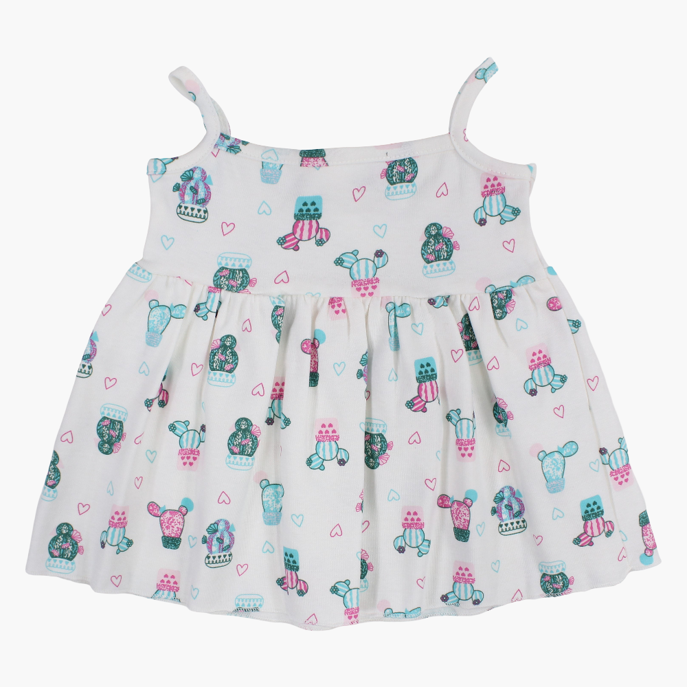 Baby Girls Cotton Dress – Off-White with Cactus Print