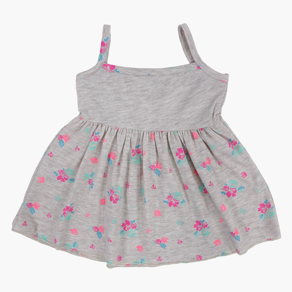 Baby Girls Cotton Dress – Grey with Floral Print