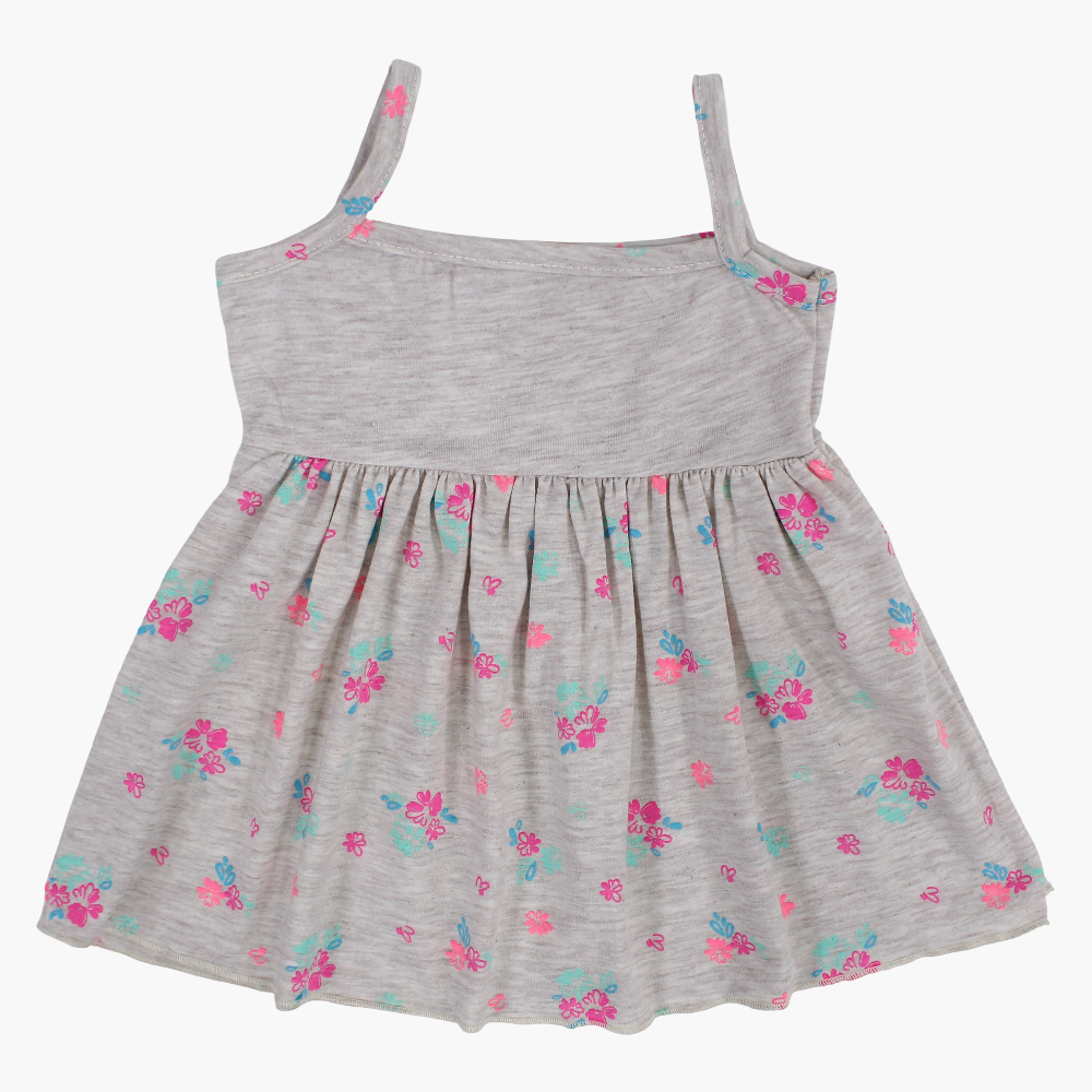Baby Girls Cotton Dress – Grey with Floral Print