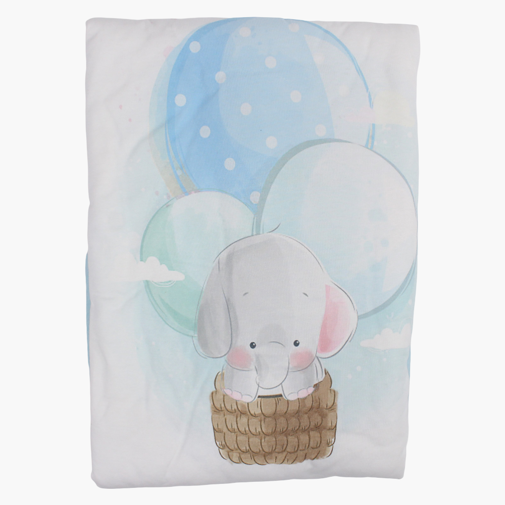 Unisex Baby Cotton Duvet – Off-White & Aqua with Elephant & Balloons Print