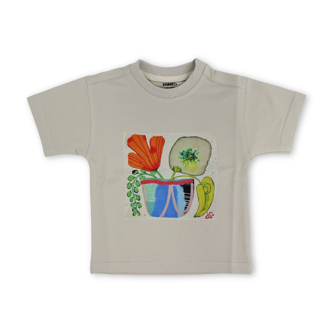 Baby Girls Cotton T-Shirt – Beige with Flower Pot Print - Clothing - Berceau