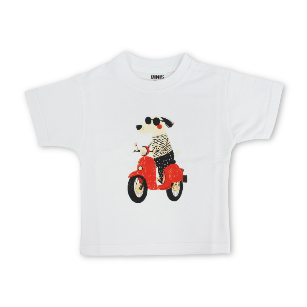 Unisex Baby Cotton T-Shirt – White with Dog Red Scooter Print - Clothing - Berceau