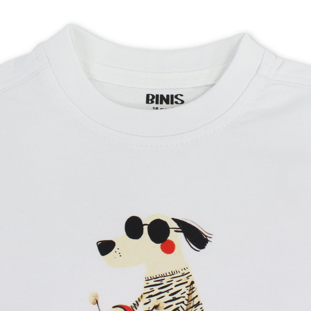 Unisex Baby Cotton T-Shirt – White with Dog Red Scooter Print