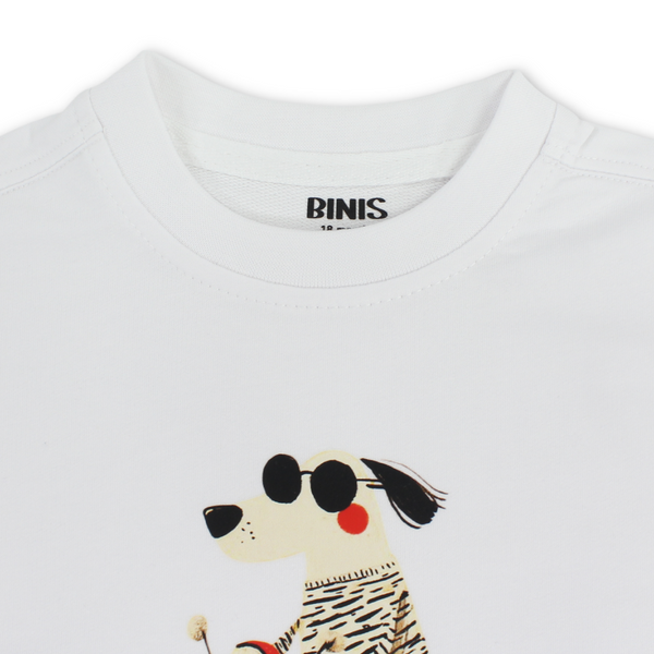 Unisex Baby Cotton T-Shirt – White with Dog Red Scooter Print