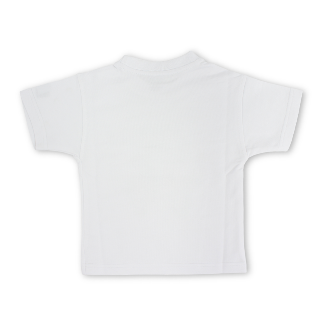 Unisex Baby Cotton T-Shirt – White with Dog Red Scooter Print
