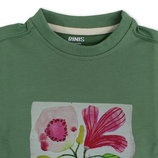 Baby Girls Cotton T-Shirt – Olive with Pot-Green Print