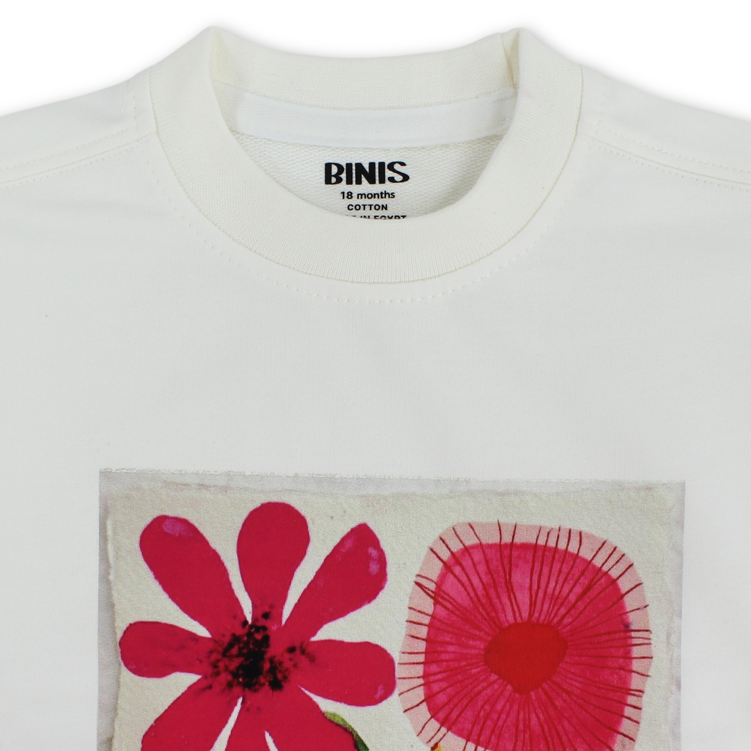 Baby Girls Cotton T-Shirt – Off-White with Flower Print