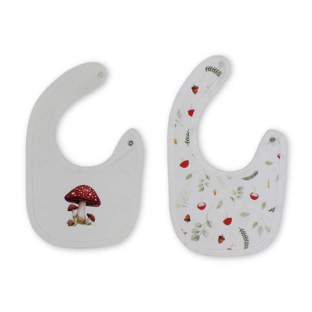 Cotton Baby Bib – Off-White with Mushroom Print (Pack of 2)