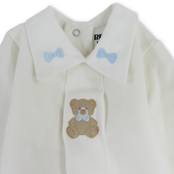 Baby Boys Cotton Baby Footie – Off-White with Bear & Bow Design