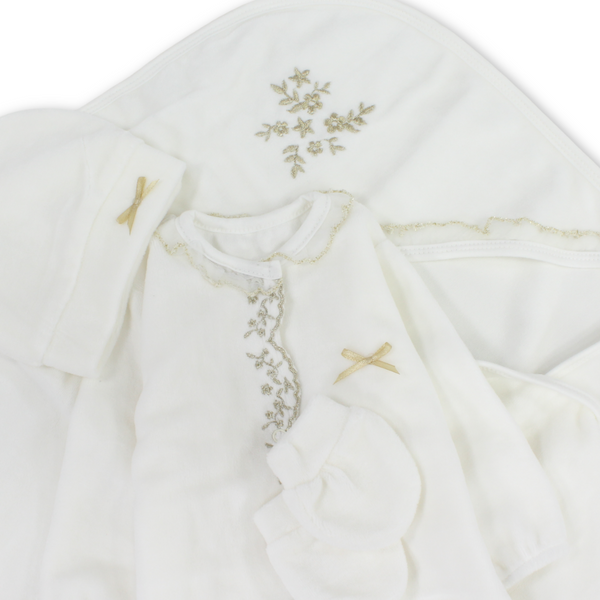 Baby Girls Velvet Gift Clothes Box – Off-White with Gold Rose Embroidery