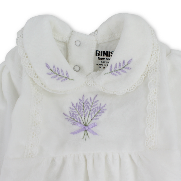 Baby Girls Velvet Footless Onesie – Off-White with Rose Embroidered