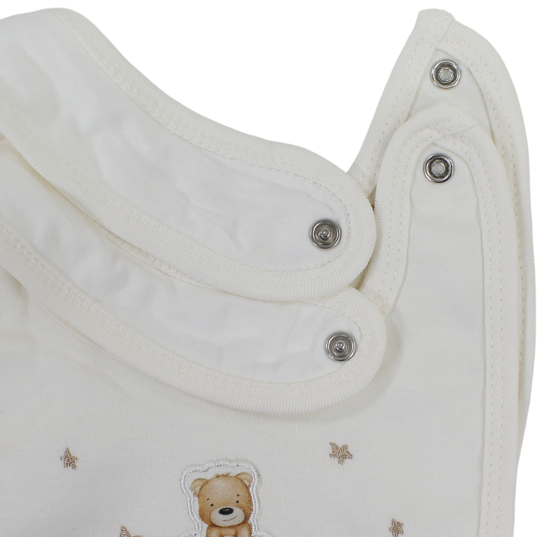 Cotton Baby Bib – Off-White with "Hello Teddy" Embroidery