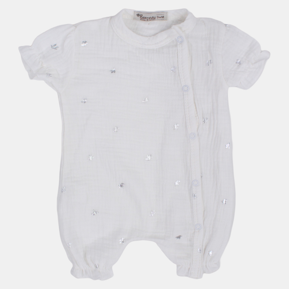 Baby Girls Linen Romper – Off-White with Little Birds Design
