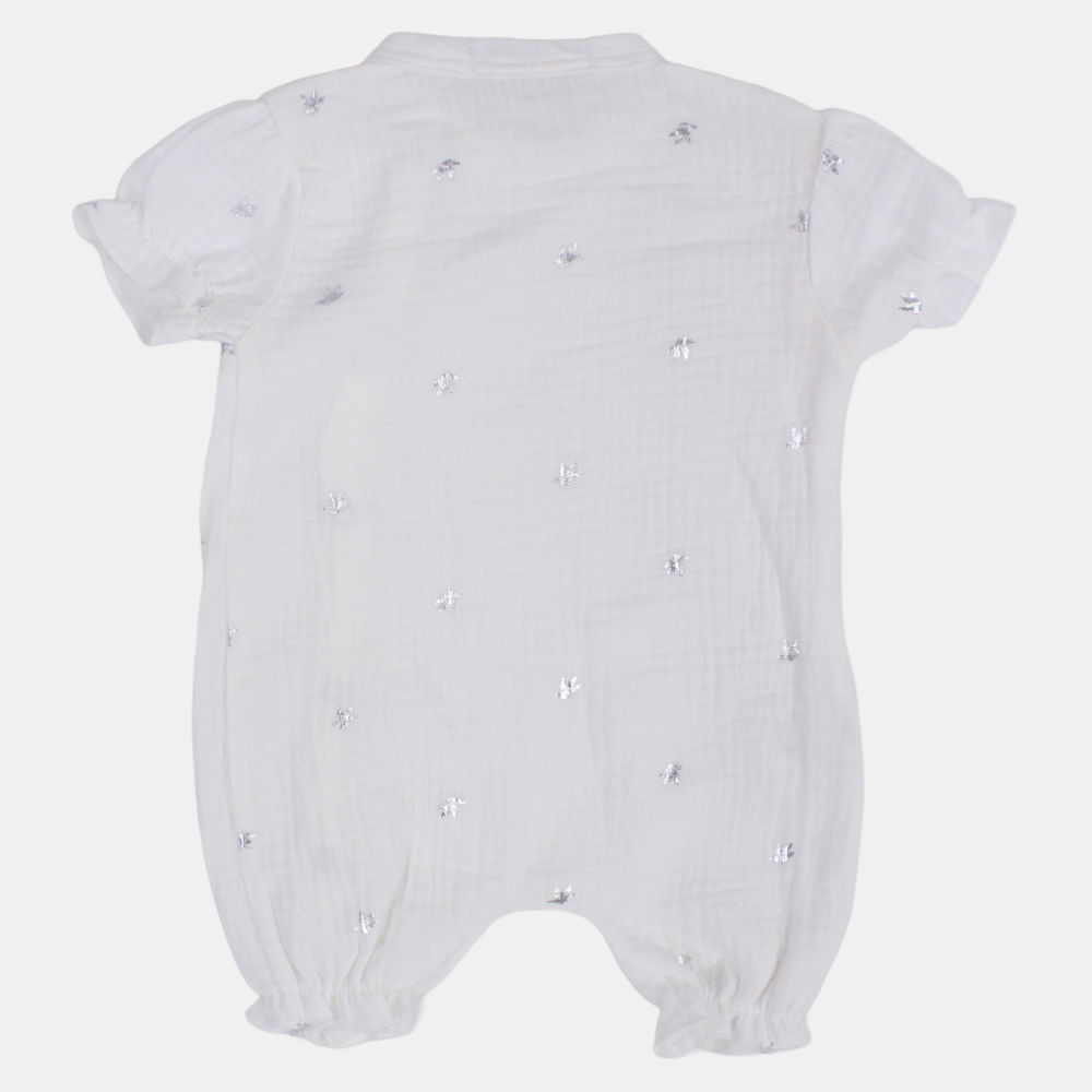 Baby Girls Linen Romper – Off-White with Little Birds Design