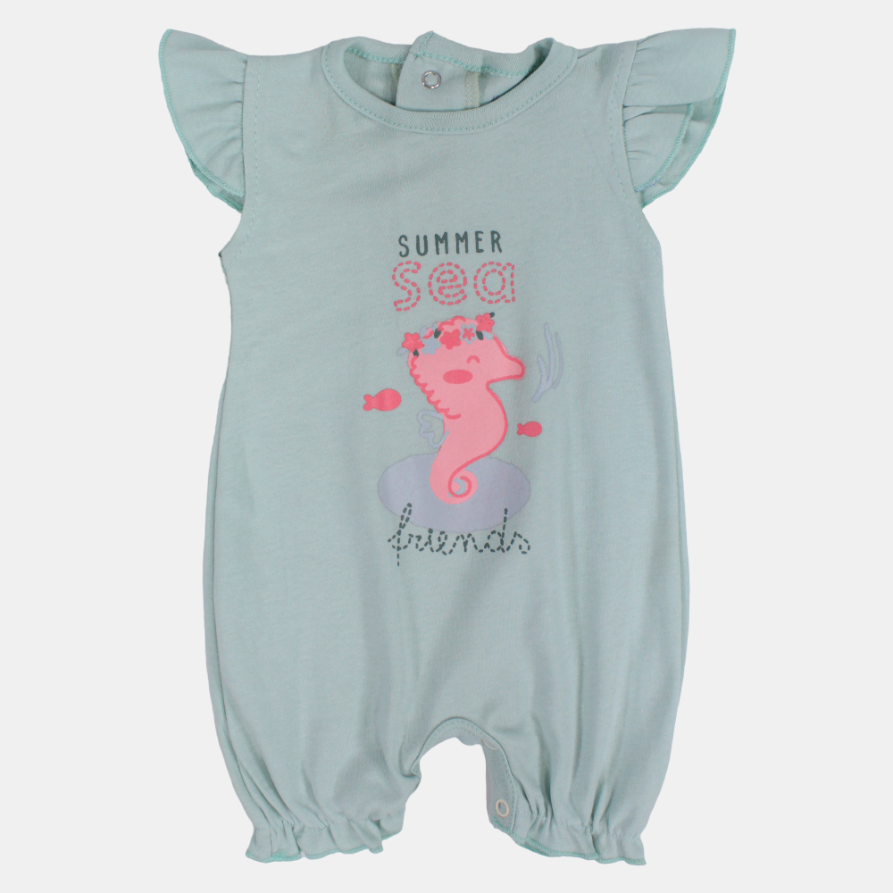 Baby Girls Cotton Romper – Mint with Summer Sea Friends Design