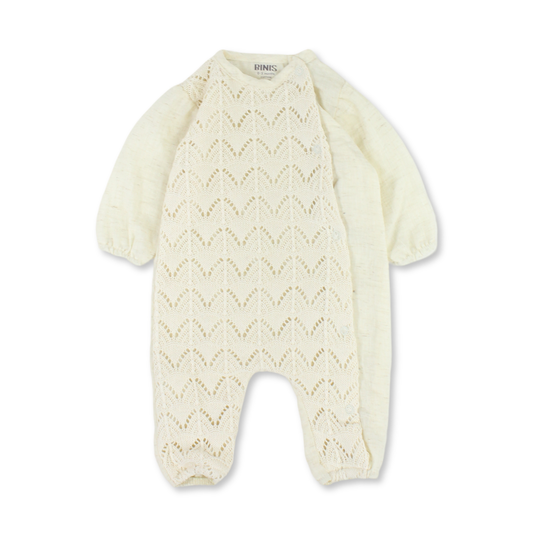 Baby Girls Linen Crochet Footless Onesie – Off-White
