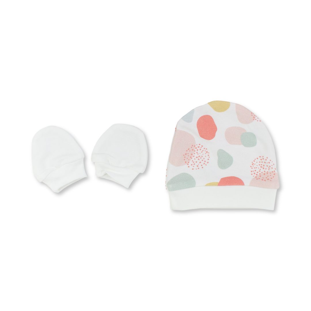 Baby Girls Cotton (Beanie + Hand Mittens) Set – Off-White with Dots Print