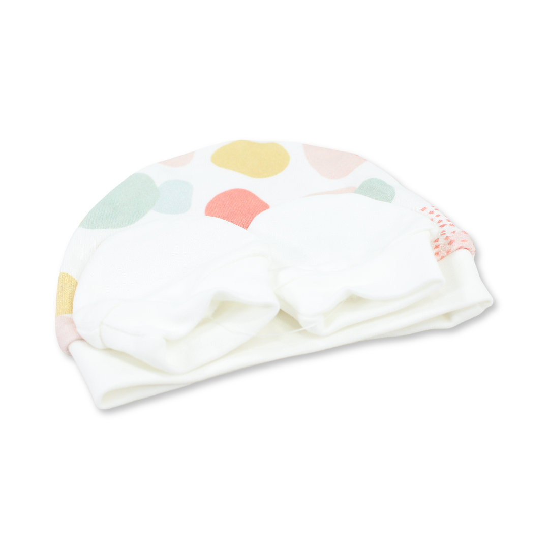 Baby Girls Cotton (Beanie + Hand Mittens) Set – Off-White with Dots Print
