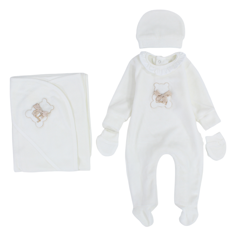 Baby Girls Velvet Baby Footie + Blanket + Beanie & Mittens – Off-White with Bear Design