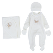 Baby Girls Velvet Baby Footie + Blanket + Beanie & Mittens – Off-White with Bear Design