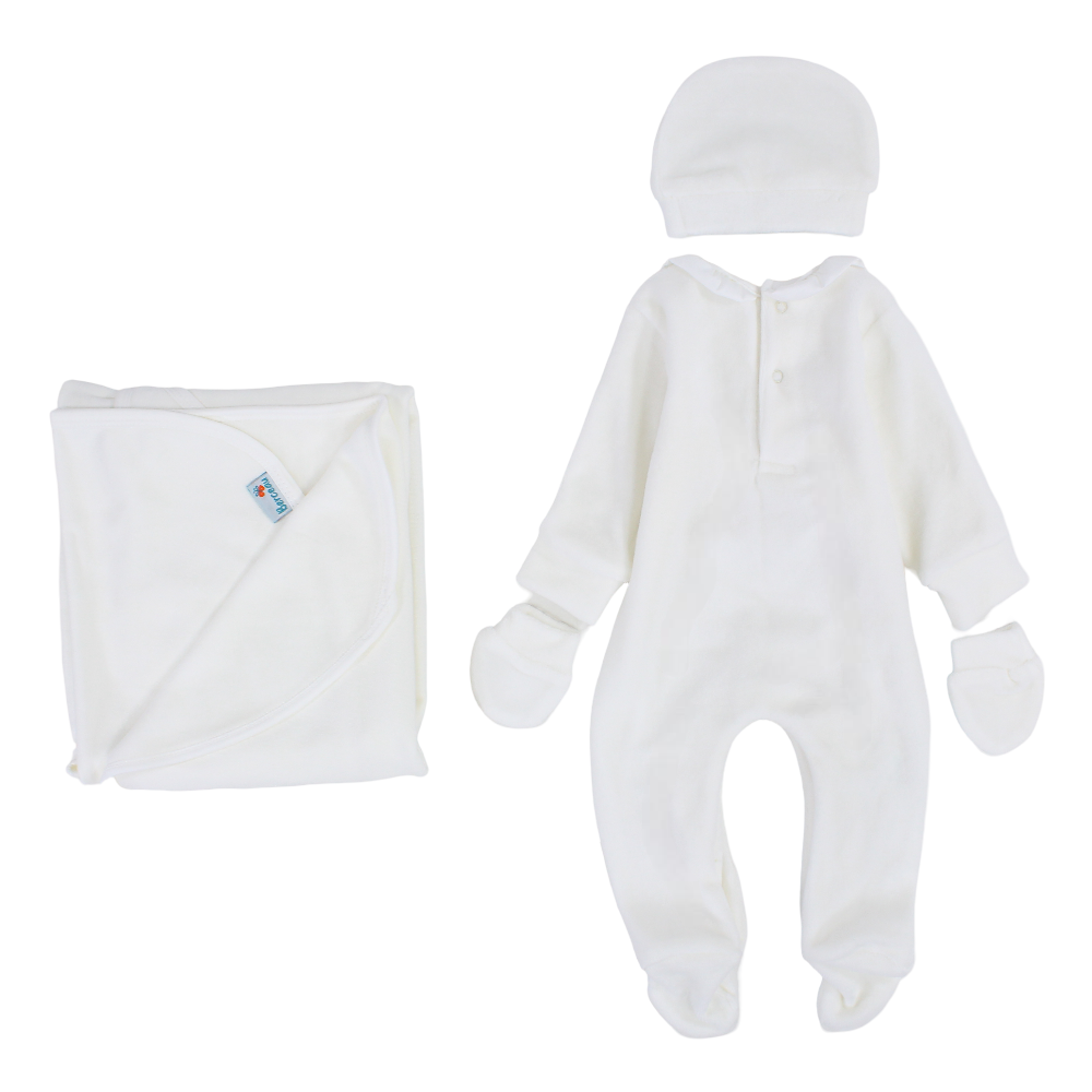 Baby Girls Velvet Baby Footie + Blanket + Beanie & Mittens – Off-White with Bear Design
