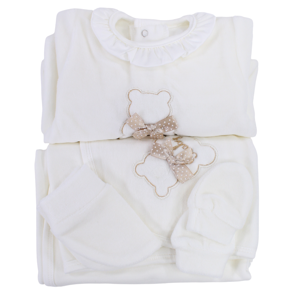 Baby Girls Velvet Baby Footie + Blanket + Beanie & Mittens – Off-White with Bear Design
