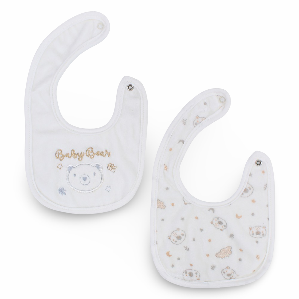 Pack of 2 – Velvet Baby Bib - Off White with Baby Bear Design