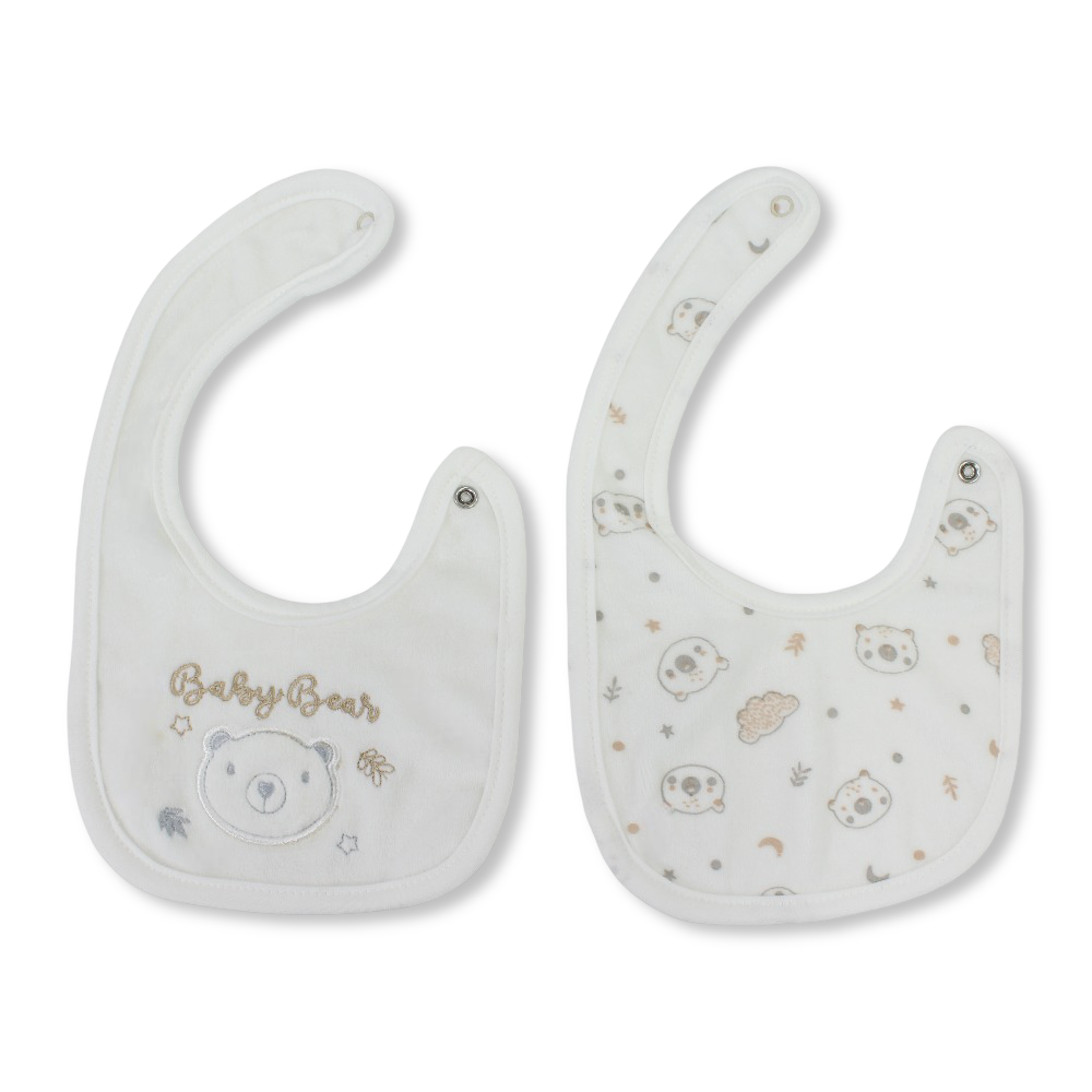 Pack of 2 – Velvet Baby Bib - Off White with Baby Bear Design