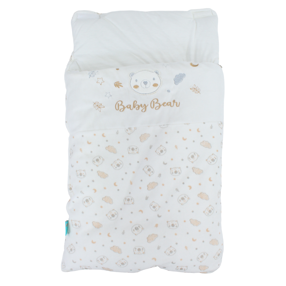 Unisex Baby Velvet Sleeping Bag – Off-White with Baby Bear Design