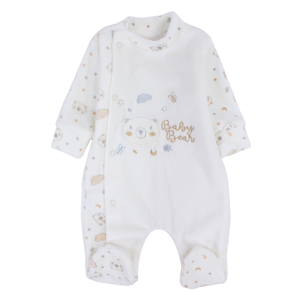 Unisex Baby Velvet Baby Footie – Off-White with Baby Bear Design