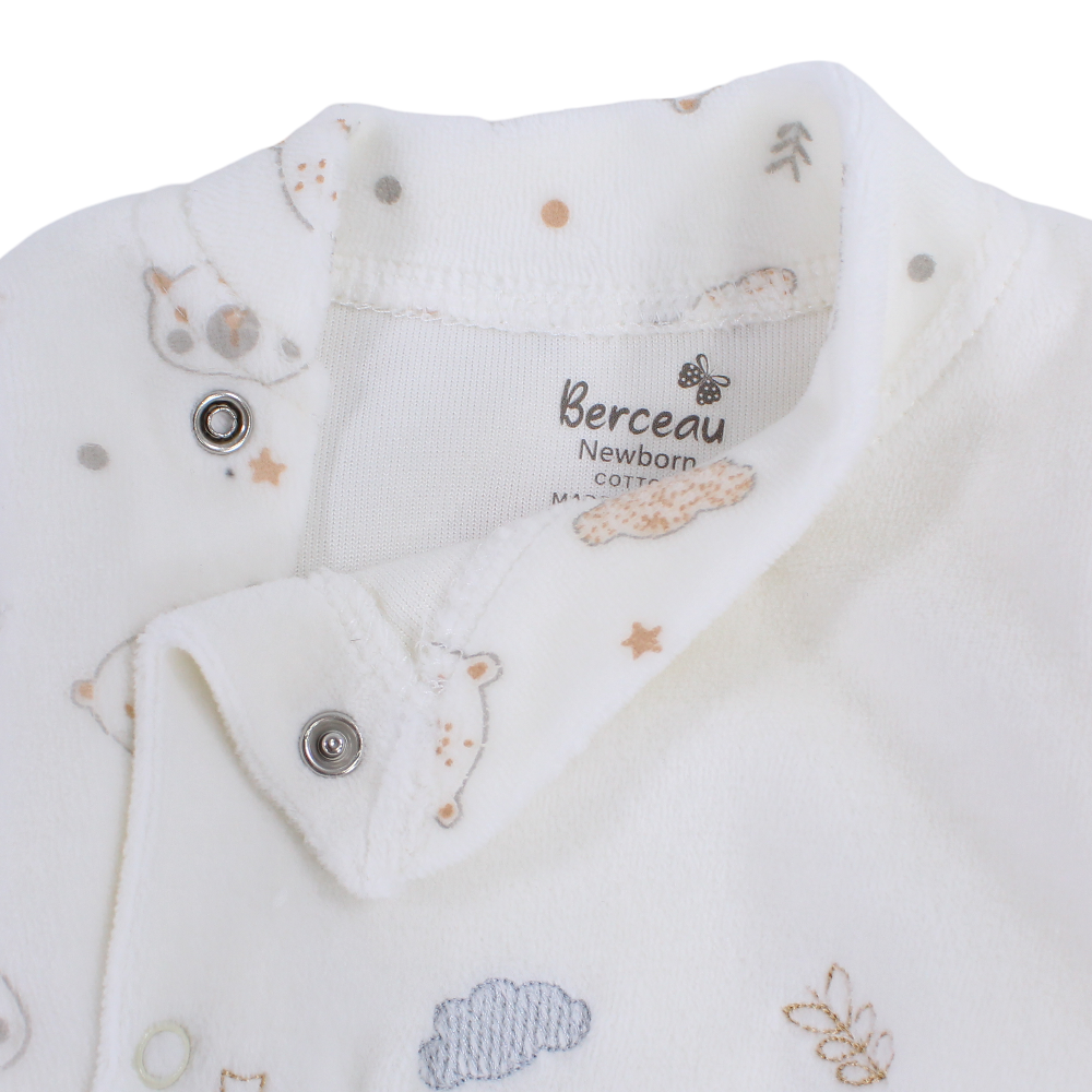 Unisex Baby Velvet Baby Footie – Off-White with Baby Bear Design