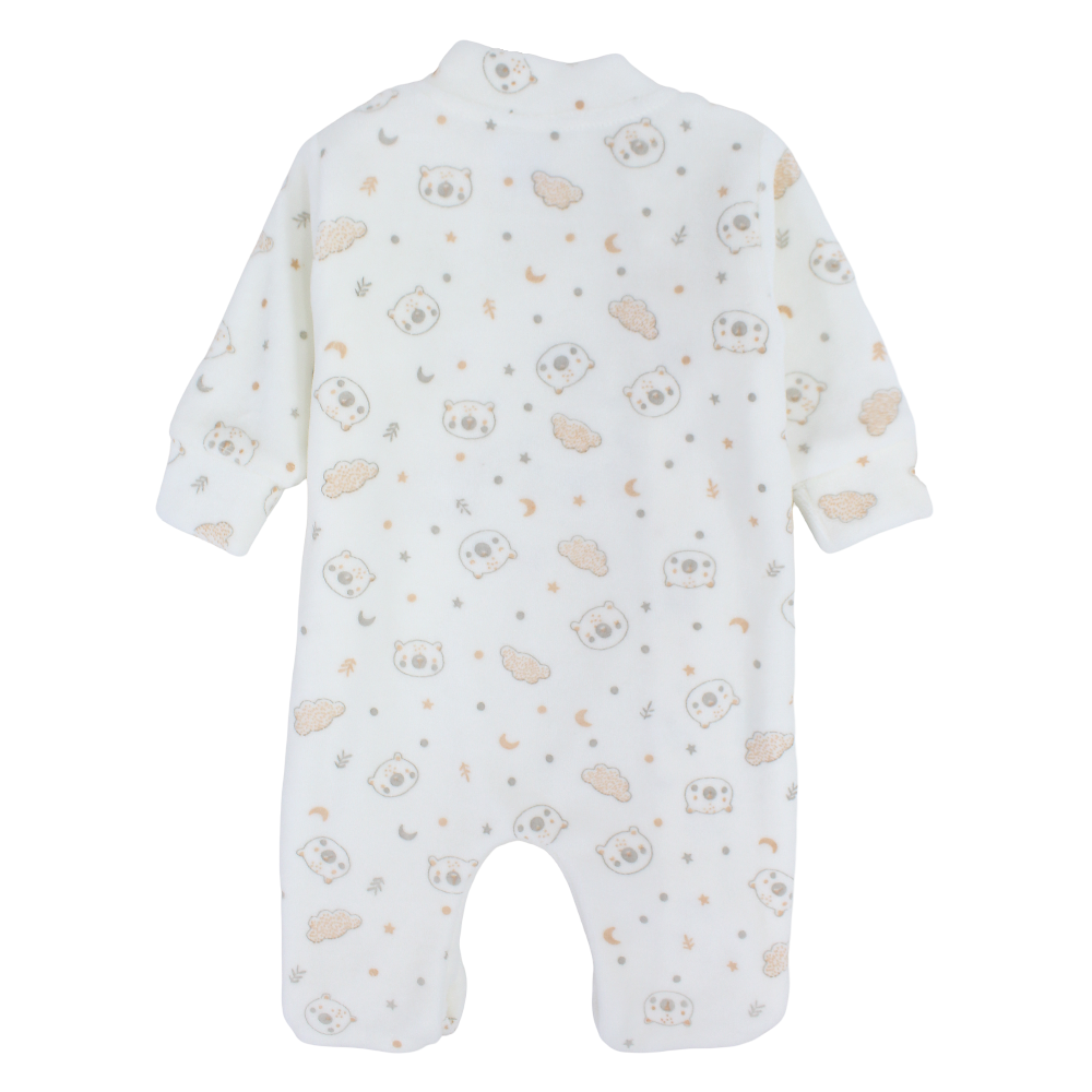 Unisex Baby Velvet Baby Footie – Off-White with Baby Bear Design