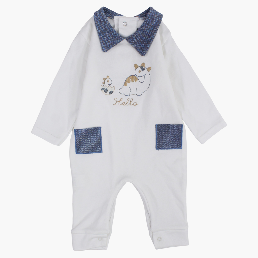 Cotton Footless Onesie – Off-White with Baby Dino Design