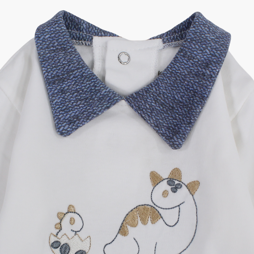 Cotton Footless Onesie – Off-White with Baby Dino Design
