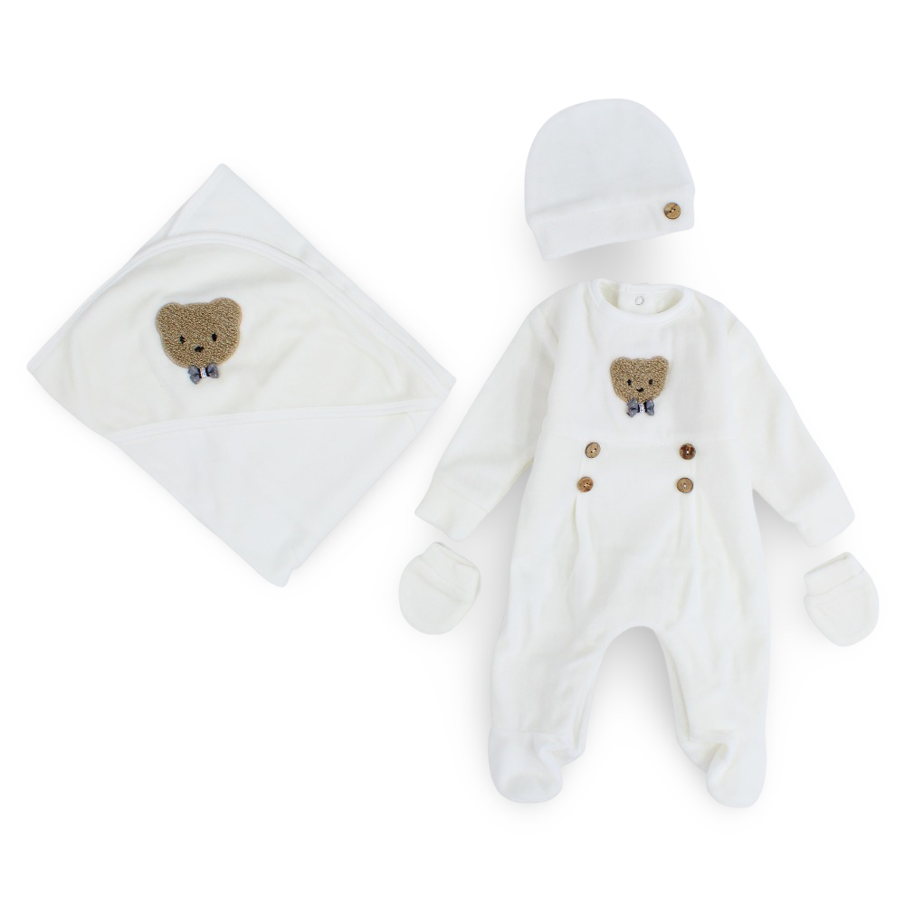 Unisex Baby Cotton Baby Foootie + Blanket & Beanie – Off-White with Bear Design