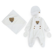 Unisex Baby Cotton Baby Foootie + Blanket & Beanie – Off-White with Bear Design