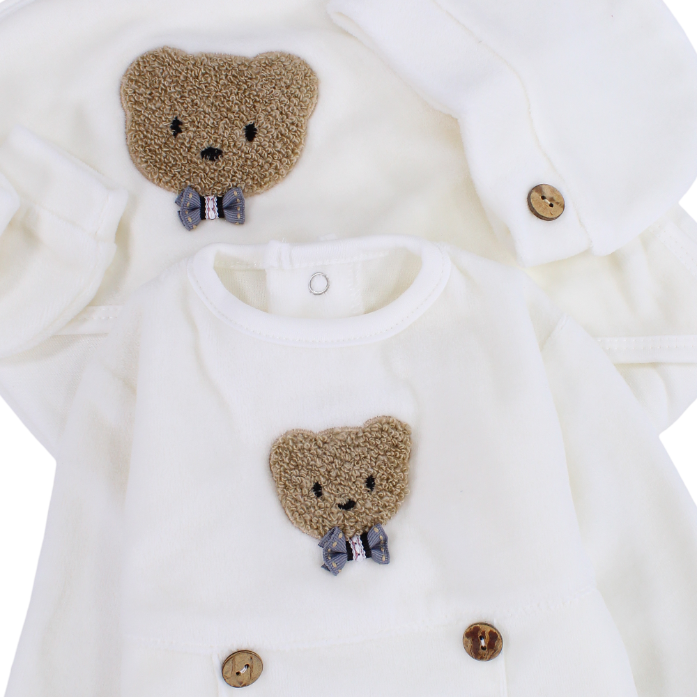 Unisex Baby Cotton Baby Foootie + Blanket & Beanie – Off-White with Bear Design