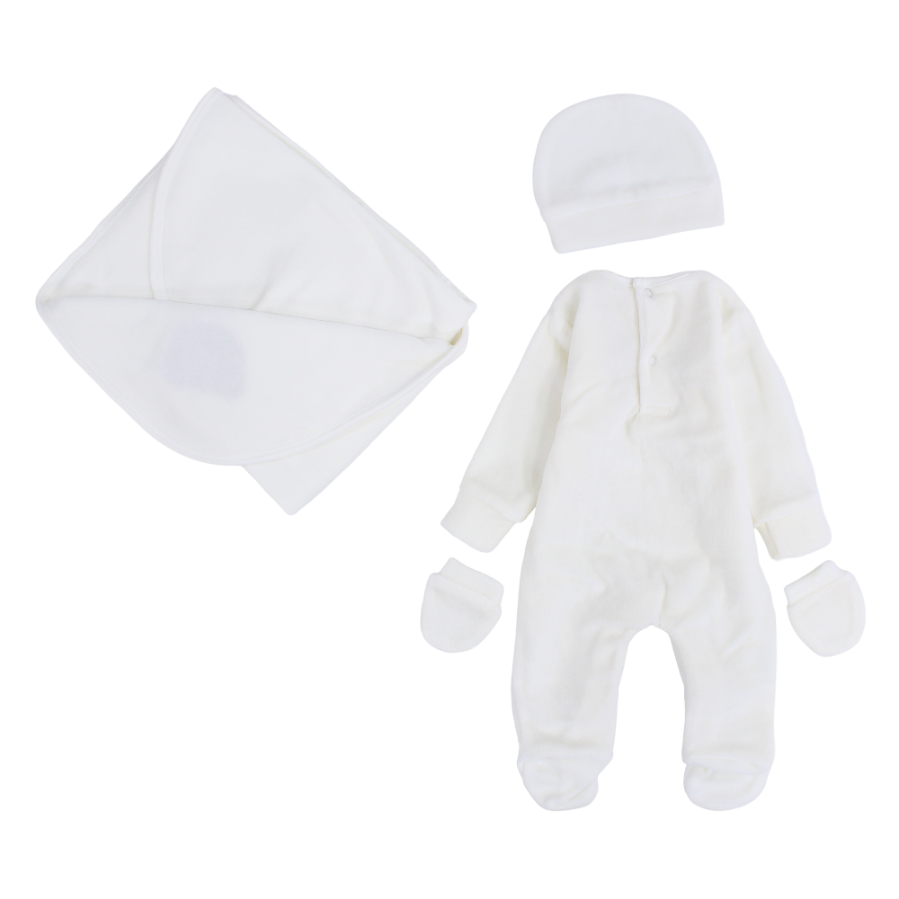 Unisex Baby Cotton Baby Foootie + Blanket & Beanie – Off-White with Bear Design