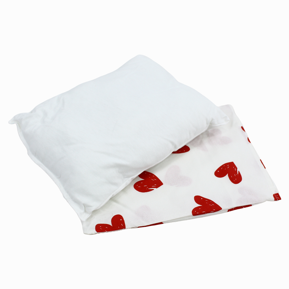 Baby Pillow with Pillowcase – Off White with Red Hearts Design