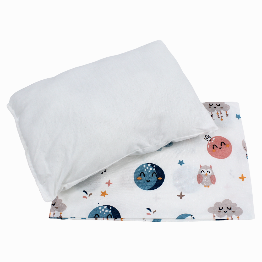 Baby Pillow with Pillowcase – Off White with Owl, Moon & Clouds Design