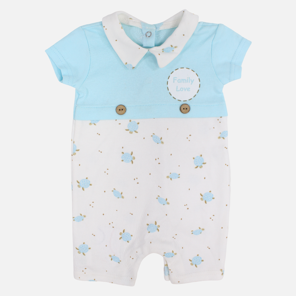 Baby Boys Cotton Romper – Aqua with Family Love Print