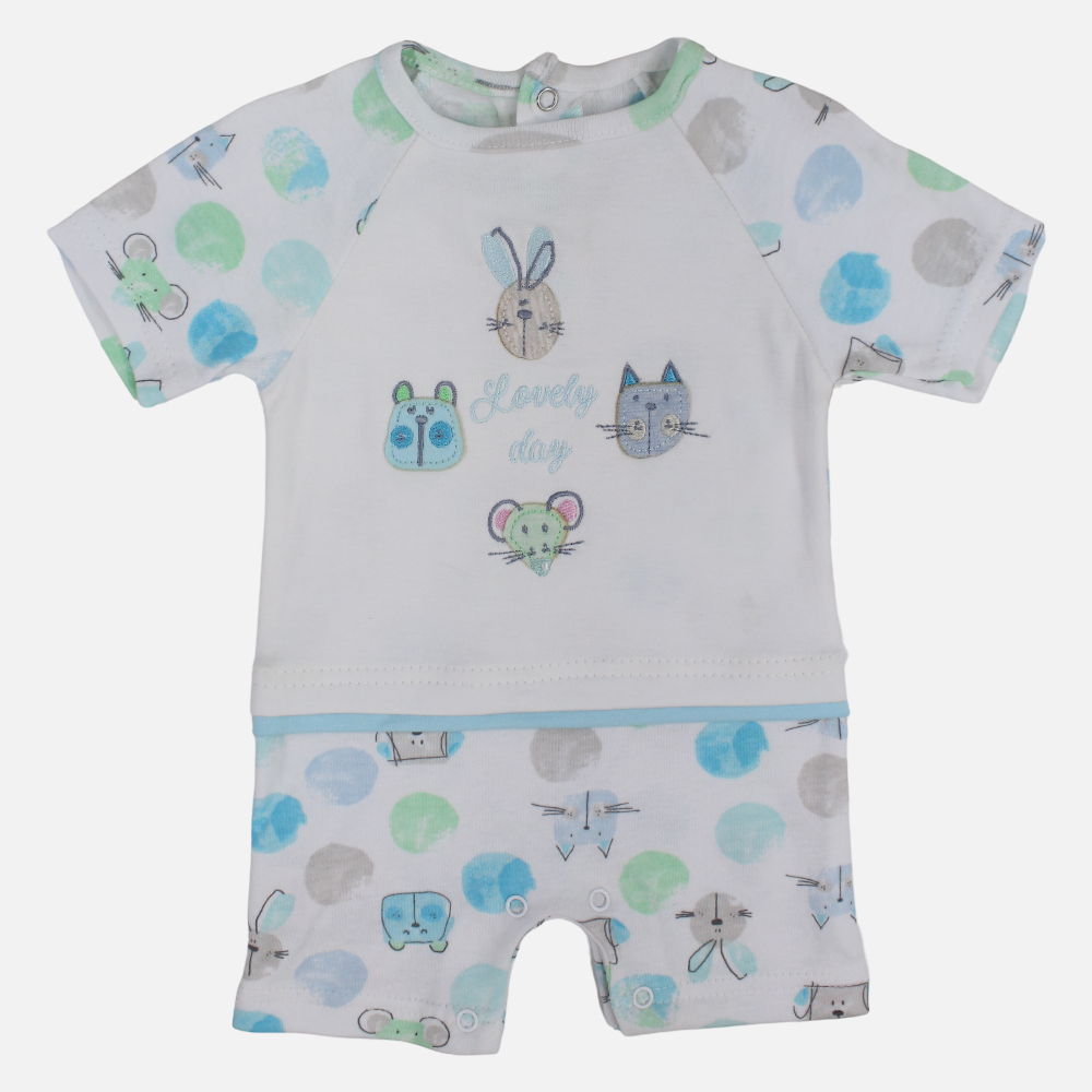 Baby Boys Cotton Romper - Off-White with Animal Print